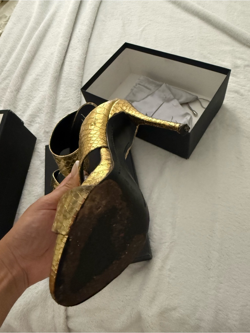 Gold Snake-Embossed High Heel Slide Sandals - Women - Picture 3 of 6